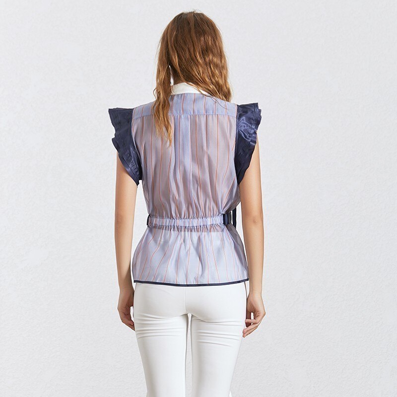 Twotwinstyle raidallinen hihaton naisten pusero seisontakaulus olkapäältä side tunika paita naisten vaatteet kesä