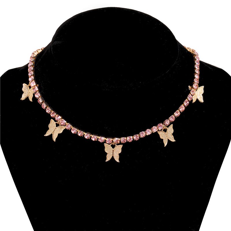 17KM glänzend Rosa Kristall Schmetterling Anhänger Halskette Für Frauen Gold Silber Farbe Strass Halsband Partei Schmuck: CS5138803