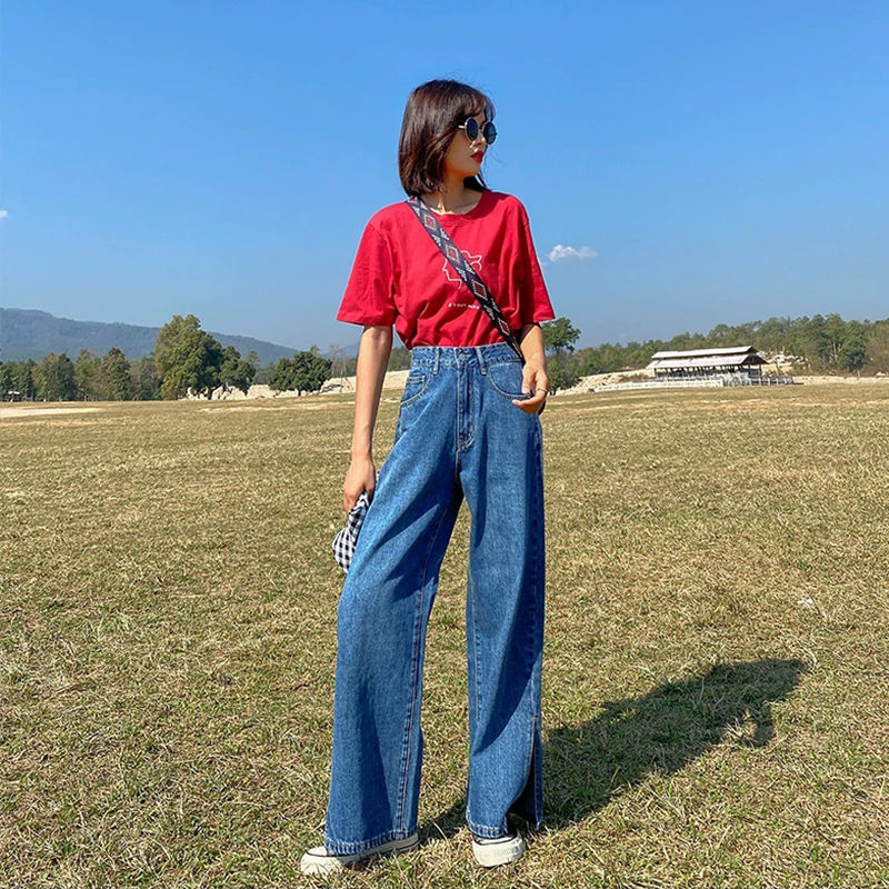Zomerse gescheurde jeans voor dames, hoge taille denim jeans, harembroek voor dames, coole wijde pijpen, lange blauwe broek