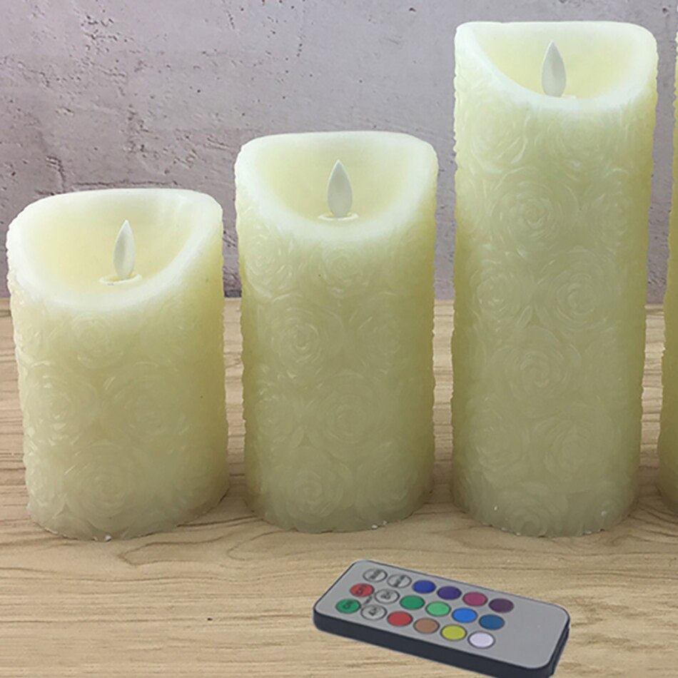 Remote wax rose embossed RGB pillar led candle, flameless rose wedding candle decoration,Christmas Year decoration for home