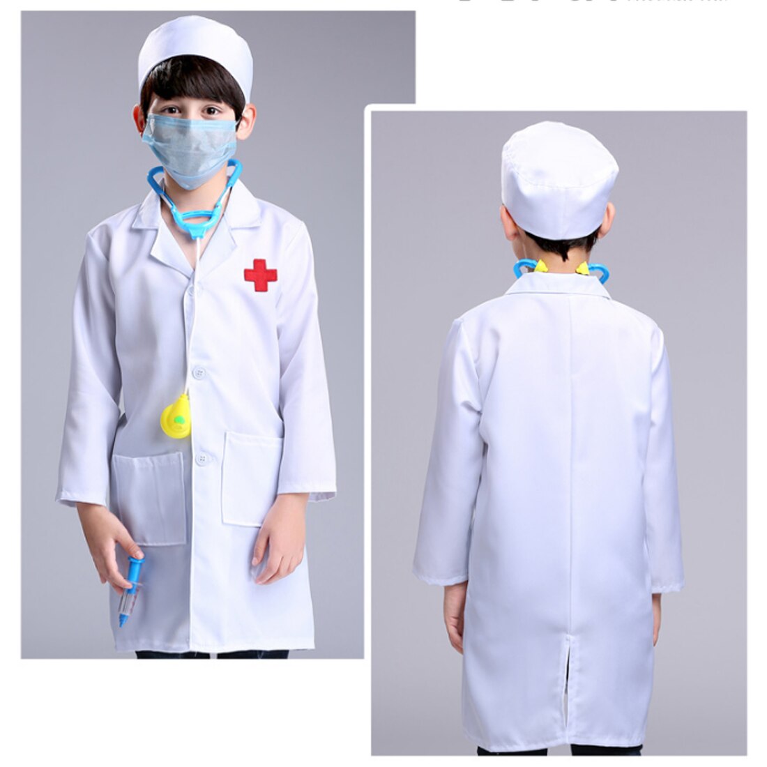 Dokter rollenspel, dokterskostuum voor 90/110/130 cm kinderen, lange mouwen en pet