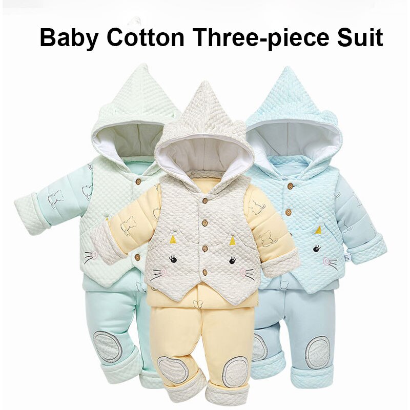 3 Pcs/set Baby Girl Winter Clothes Hooded Velvet Warm Baby Boy Clothes Coat+Vest+Pants Infant Clothing Set for 0-1 years old