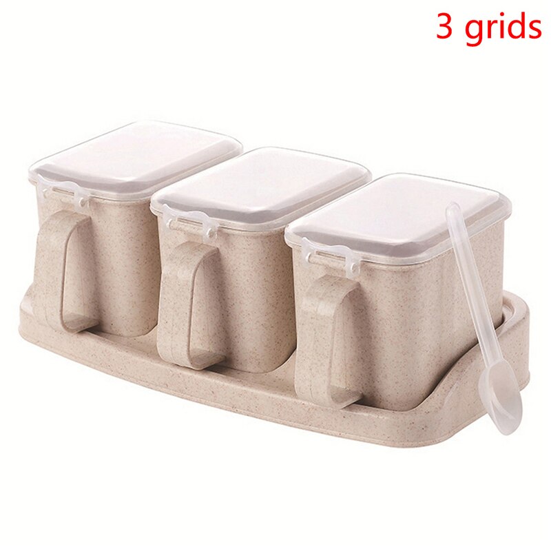 1 Set Salt Spice Jar Seasoning Containers With Spoon Storage Condiment Box: beige 3 grids