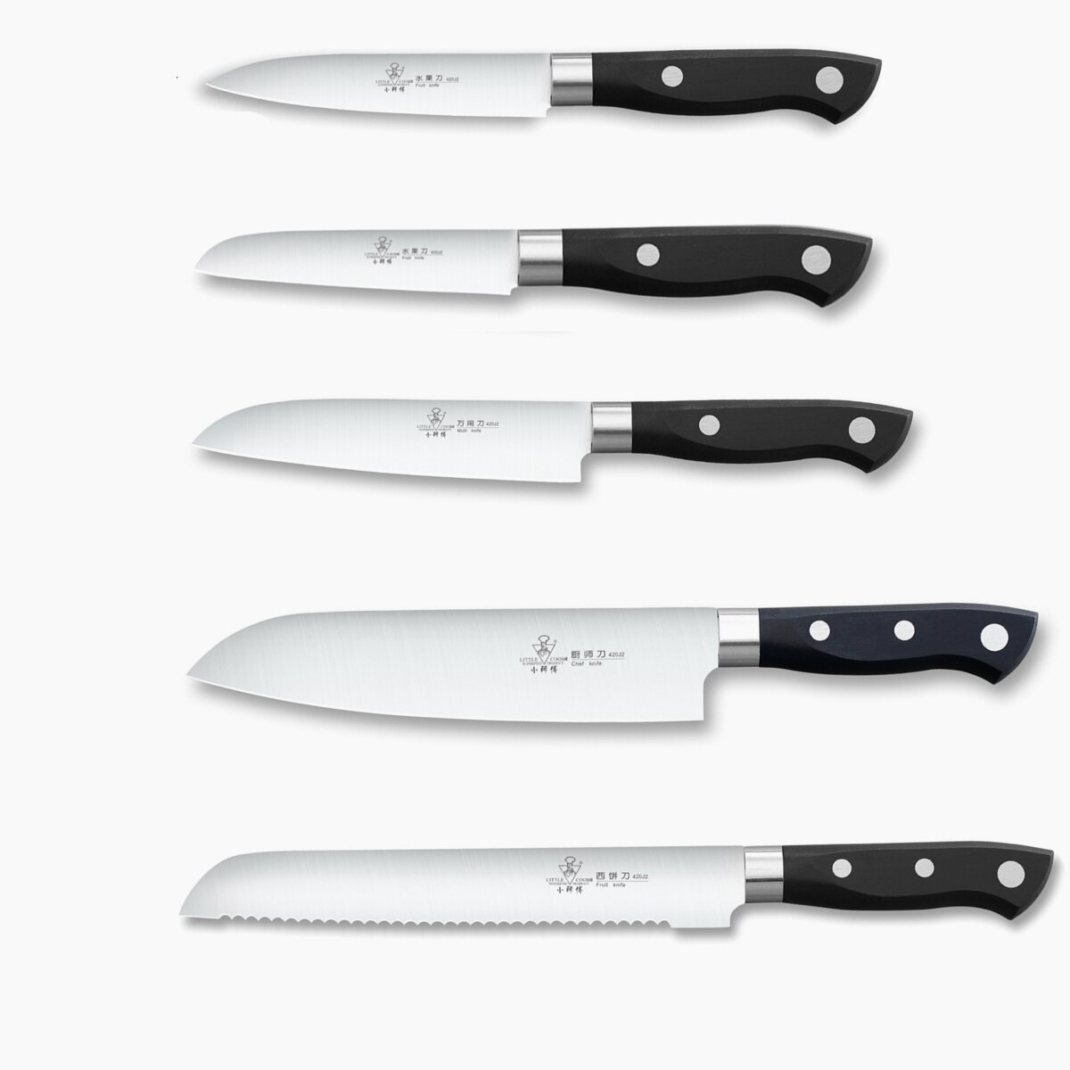 Little cook 5-- delige keukenkoksmessenset met vaste tang, scherp vleesmes, handgemaakte groentesnijder, kookgereedschap: Set