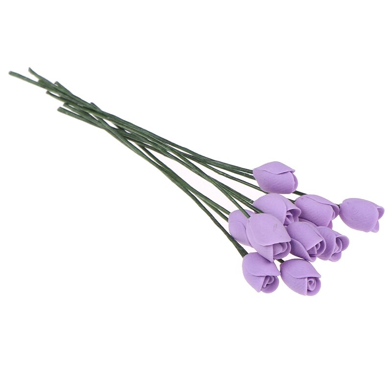 10pcs/set 1:12 Dollhouse Miniature Clay Tulip Ornament Flower Doll House Accessories: Purple 