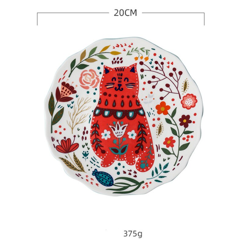 8inch Hand-painted Cat Dinner Plate Under-glazed Ceramic Dish Dessert Tray Flower Kitten Microwave Dinnerware YHJ021201: D