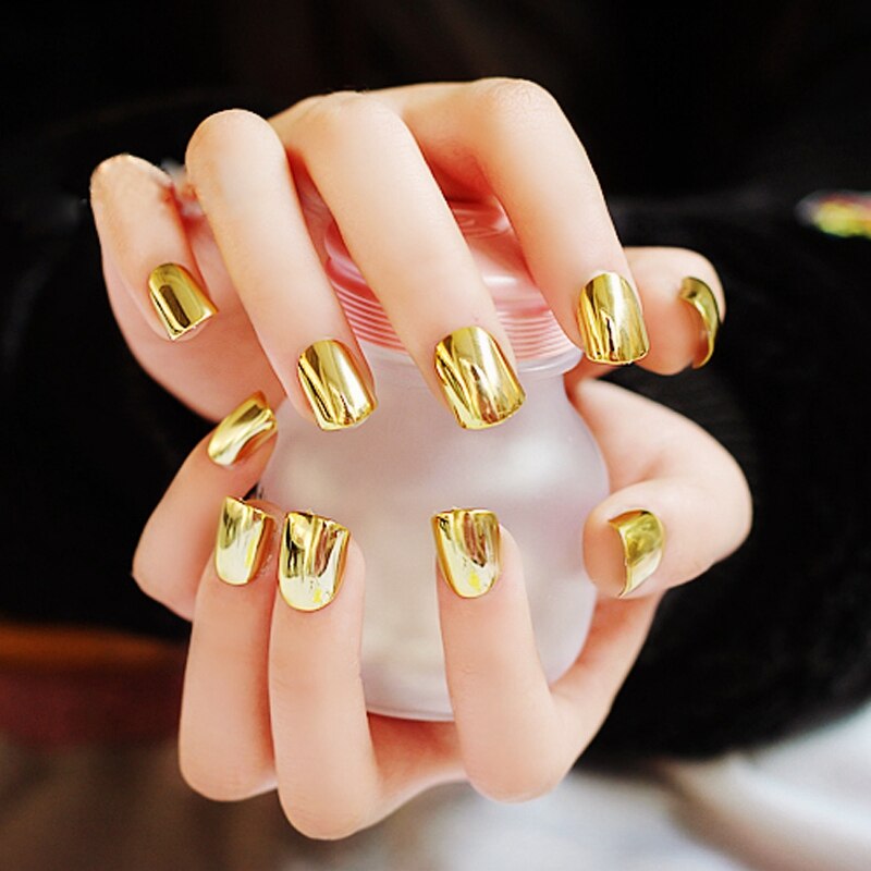 Sexy False Metallic Nails Tips Acrylic Mirror Shining Surface Gold 24pcs Short Hand Nails