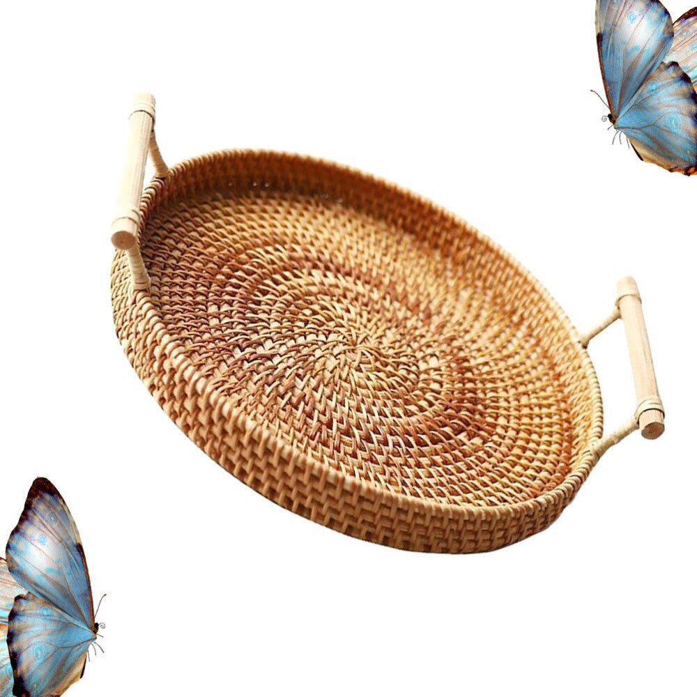 1PC Rattan Woven Basket Practical Picnic Ratten Tray Outdoor Storage Basket Portable Picnic Basket (Medium, Diameter 28x3.5cm)