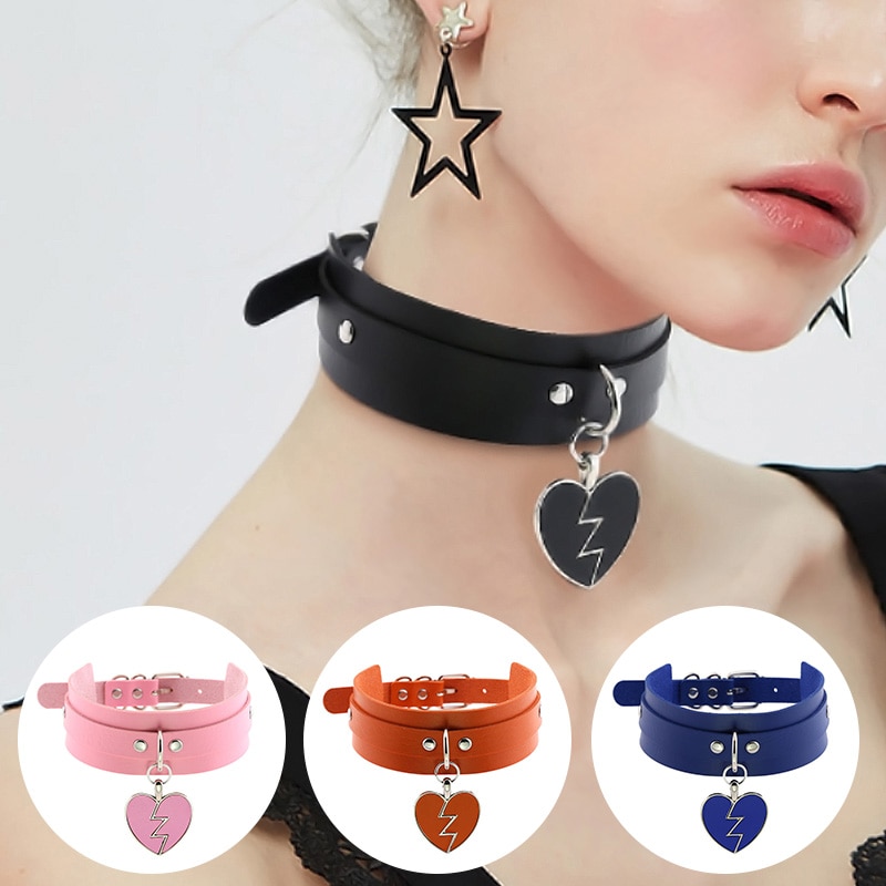 Weibliche Breite Leder Halsband Verstellbare Halsketten Punk Nacht Club Party Jewely Blitz Liebe Herz Anhänger Kragen Halsketten