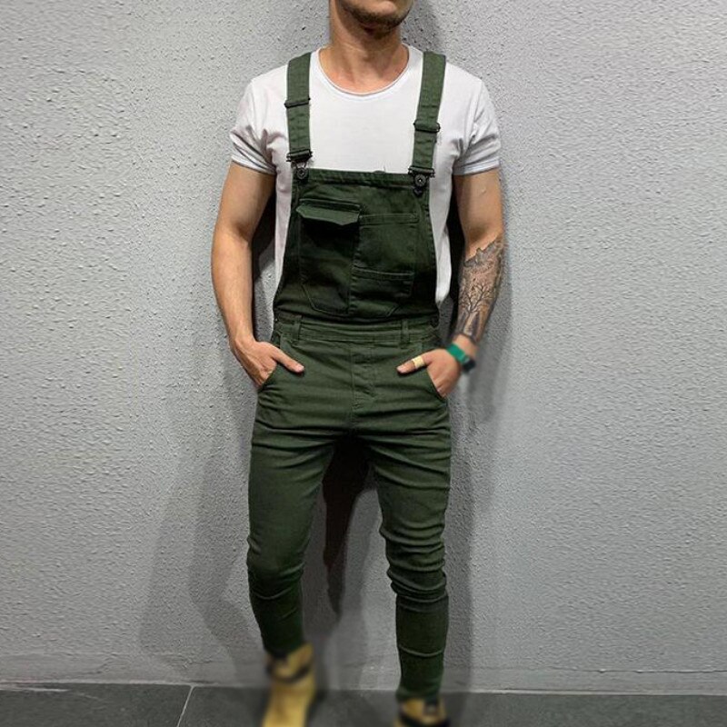 Hommes Denim Jeans salopette salopette combinaison Slim Fit bavoir pantalon décontracté coréen vêtements combinaison hommes: Vert / S
