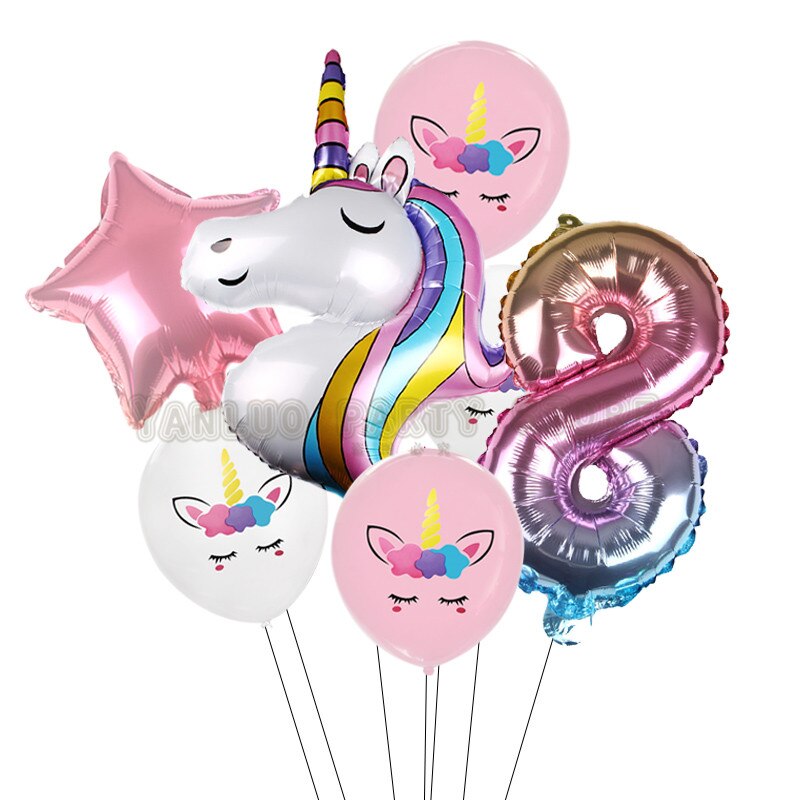 7 stk/parti regnbue enhjørning fest ballonger enhjørning bursdag dekorasjon nummer ballong barnebursdag fest baby dusj dekor globos: 8