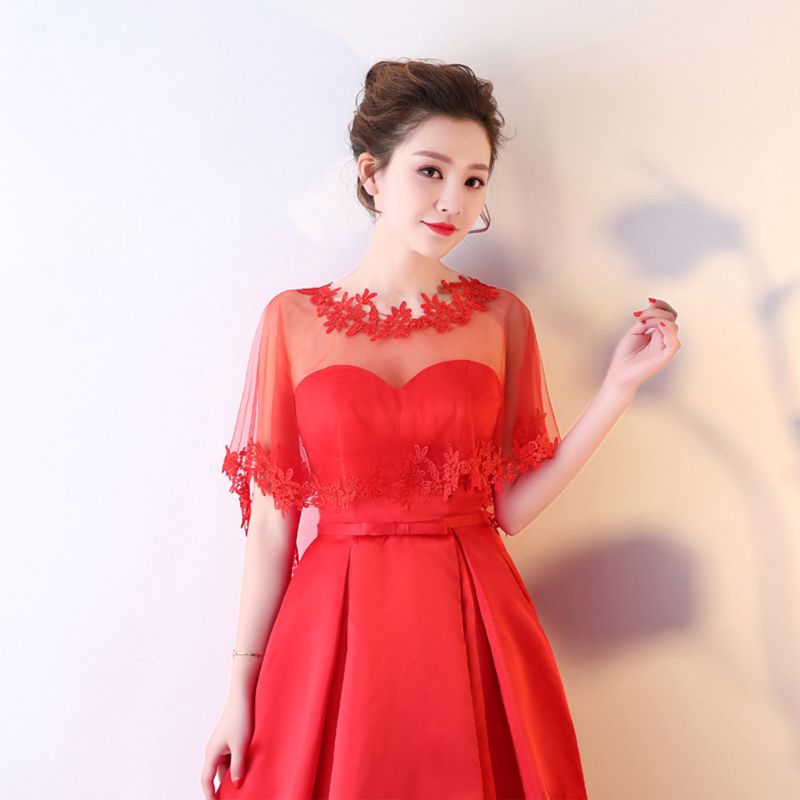 Femmes simple couche pure haut bas mariage châle enveloppement dentelle florale Applique épissage garniture mariée soirée Cape haussement d'épaules Capelet boléro