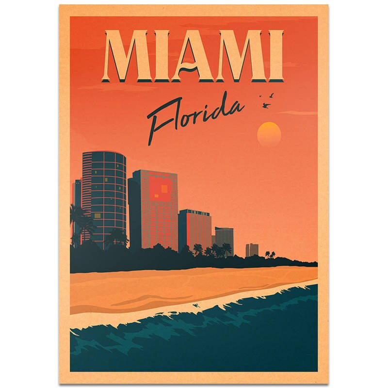 Miami city rejse plakat håndmalet turistattraktioner vintage kraftpapir pub cafe soveværelse hjem indretning væg klistermærke 42 x 30cm: Tcity 196