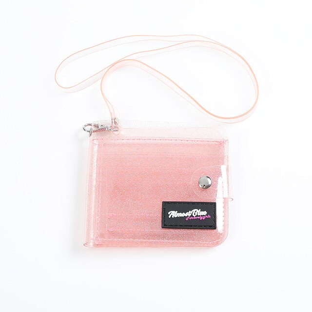 Summer Transparent Clutch Wallets PVC Folding Lanyard Short Wallet Girl Glitter ID Card Holder Business Card Case Purse: pink Almost