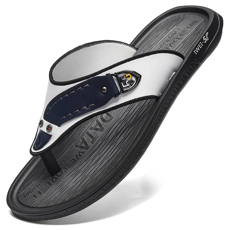 Zapatillas de cuero de para hombre, sandalias de playa cómodas, zapatos informales, chanclas de , calzado de verano,: WHITE BLUE / 7