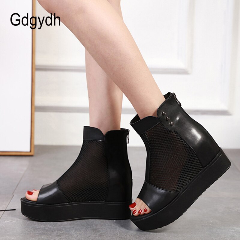 Gdgydh Offene spitze Stiefeletten hoch Fersen Plattform Stiefel Frauen Schwarz Leder Damen Sommer Schuhe Herbst Grundlegende Reißverschluss Keil Komfortable