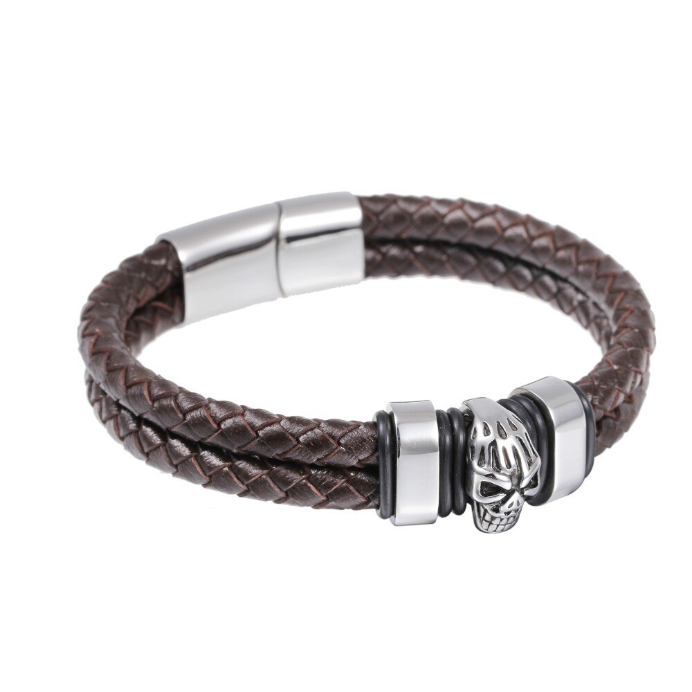 TrustyLan Leder Armbinde Männer Edelstahl Schädel Armbänder Armreifen Punk Felsen cool Armbinde Herren Schmuck Armbinde