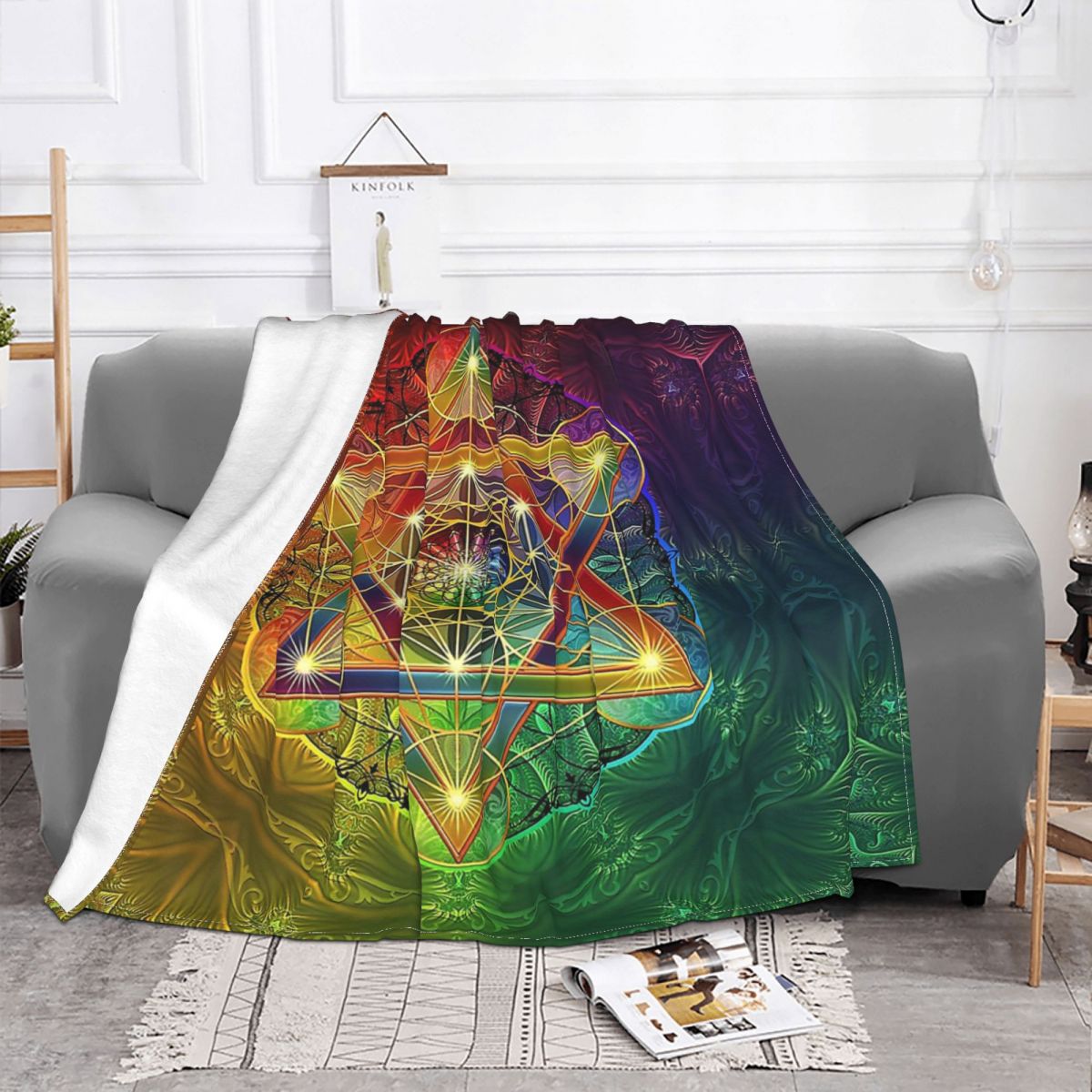 Metatrons – couverture Cube avec Merkabah et fleur de vie pour canapé, couvre-lit polaire confortable, de noël