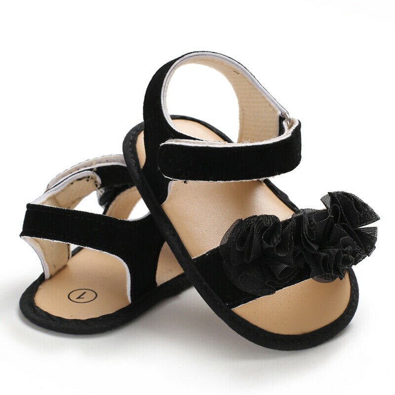 0-18m barn sommar träskor baby flicka prinsessa blommiga sandaler spädbarn sneakers småbarn mjuka spjälsäng walkers nyfödd skor: Svart / 7-12 månader