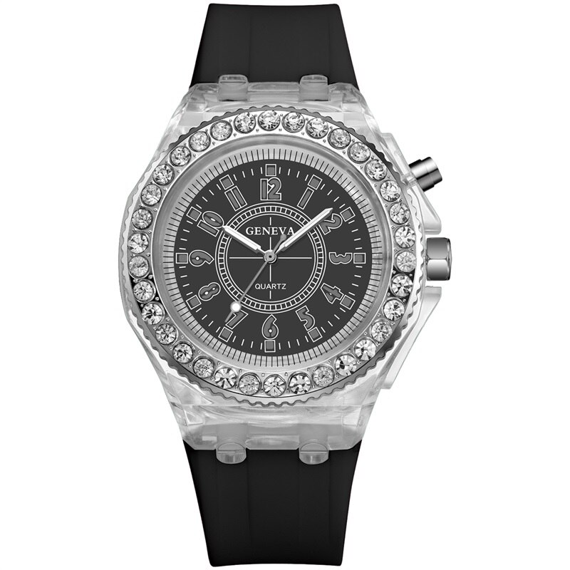 SYNOKE-relojes de cuarzo con luz Led para hombre y mujer, relojes de pulsera luminosos, con diamantes de imitación, para estudiantes y mujeres: black