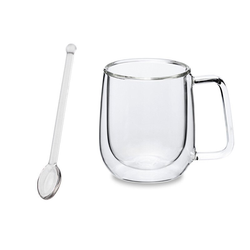 Double Wall Glass Insulated Coffee Mugs Tea Cup Thermo Drinking Glasses Verre Double Paroi Theeglas with Handle for Home Office: Cup and Spoon