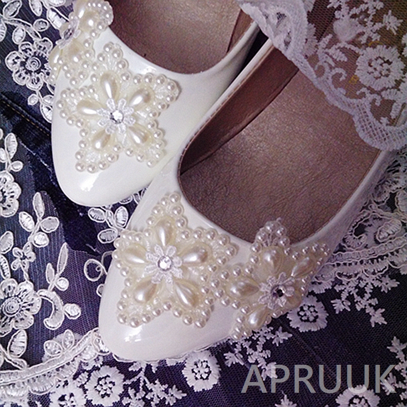 Ivoor Parels bruiloft schoenen bruid platte hak handgemaakte plus maten 41 42 43 dames bloem meisjes party dansen flats elastische bandjes