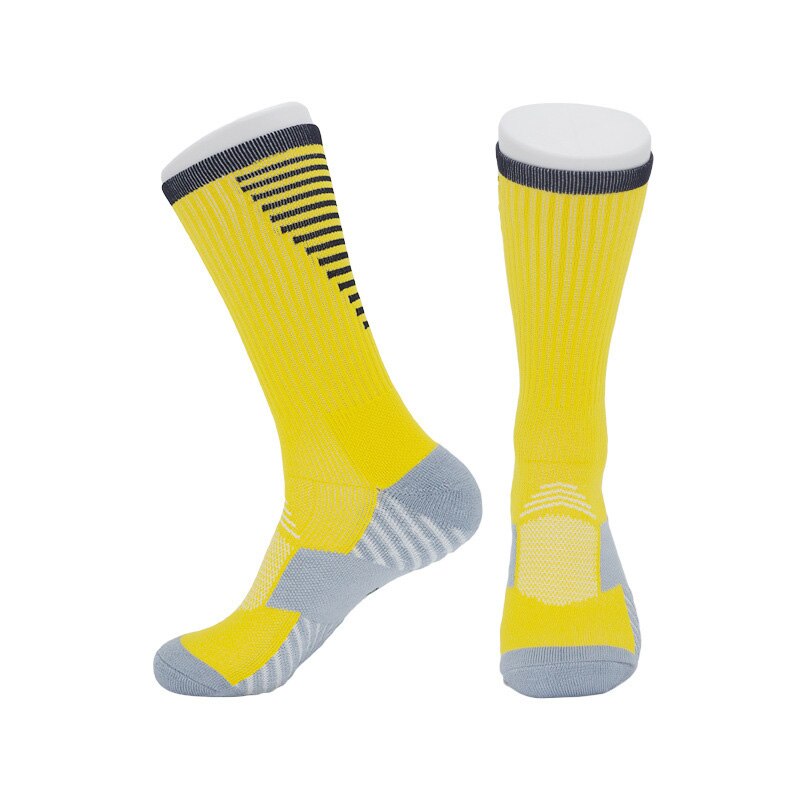 Voksne sportsfodboldsokker mænd kvinder åndbart håndklædebund skridsikker udendørs basketballsokker sort hvid knæhøje sokker: Gul