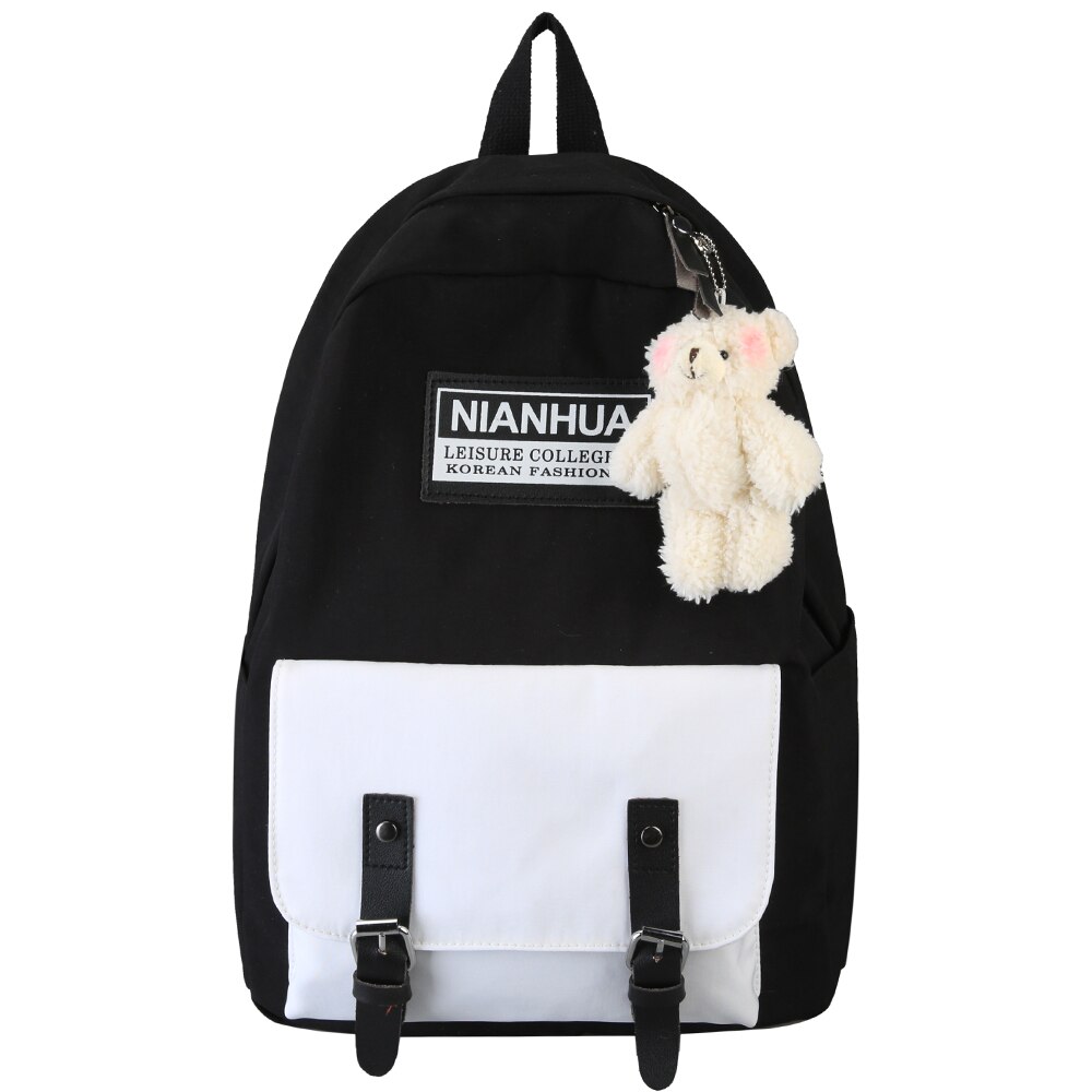 College Student Ladies Backpack Harajuku Women Female School Bag Cute Book Backpack Waterproof Nylon Girl Bag Kawaii: black / With Bear pendant