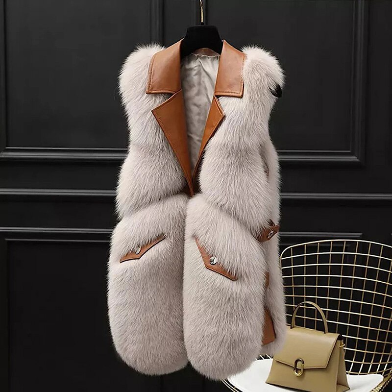 Drehen Unten Kragen Faux Pelz Westen Frauen Elegante Patchwork Künstliche Mäntel Frauen Taschen PU Leder Westen Damen