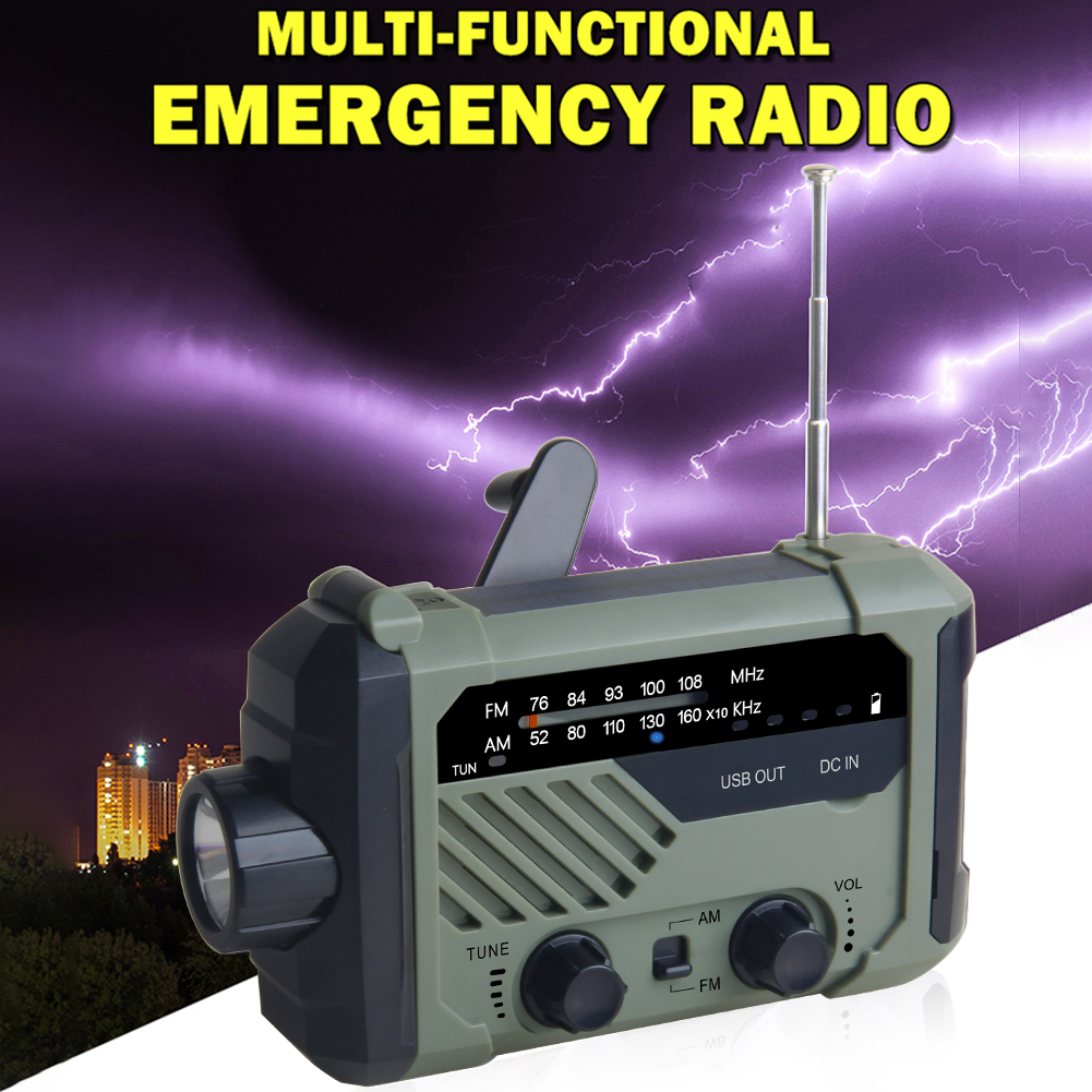 Radio portátil de mano con manivela AM, FM, lámpara Solar de lectura de emergencia, alarma de SOS, Batería Externa de 2000mAh para cargador de teléfono