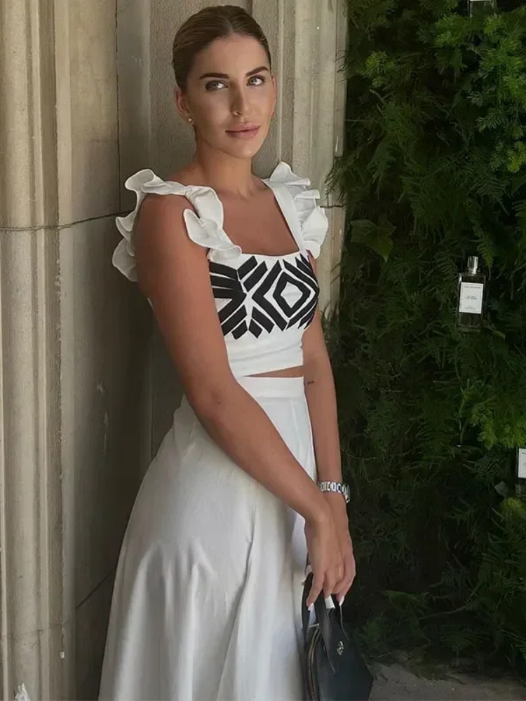 Conjuntos informales de dos piezas para mujer, Tops cortos con manga de mosca a cuadros, falda estampada, conjuntos de vestido, trajes elegantes para vacaciones 2024