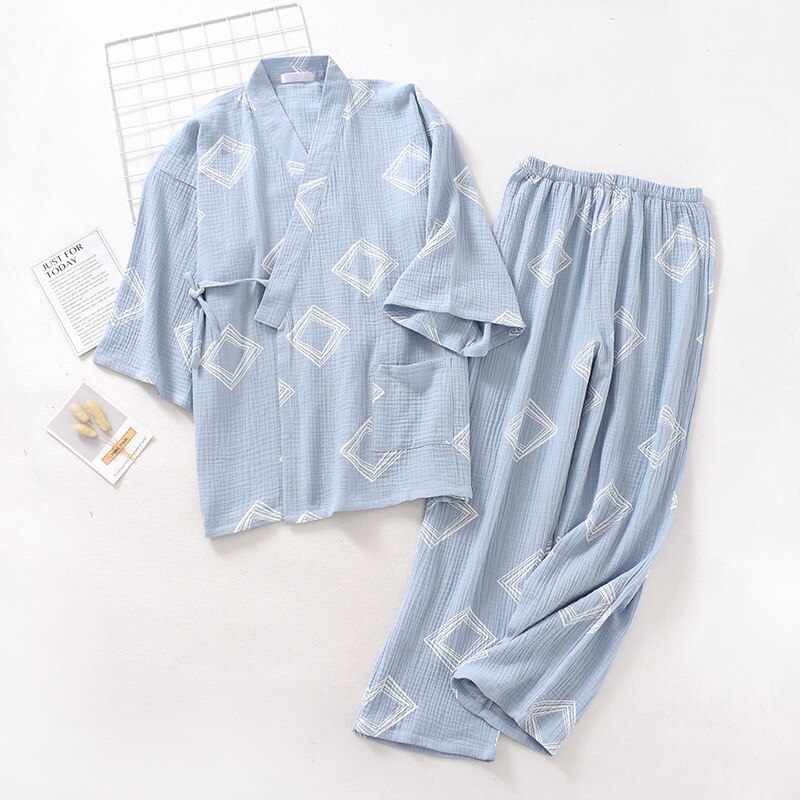 Geometrische aufbringen Herren Kimono Schlafanzug Anzug Haut-freundliche Baumwolle Krepp Japanischen Lange ärmeln Hosen Männer Leben Kleidung Nachtwäsche: Blau / XL