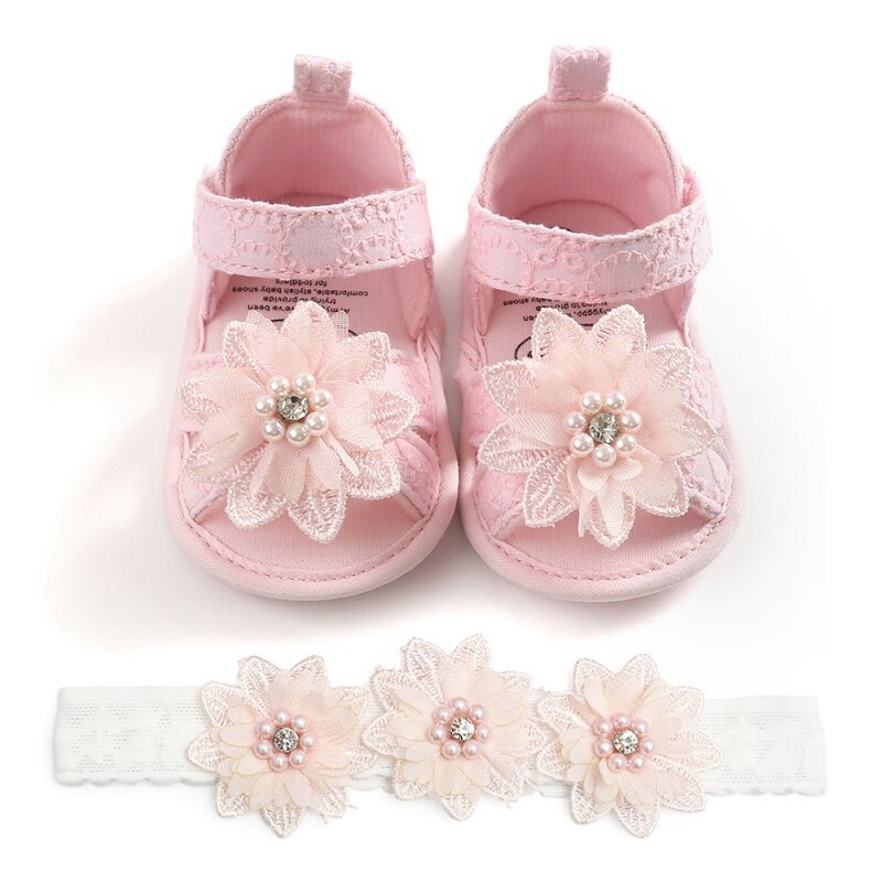 0-18M Peuter Baby Meisje Borduurwerk Bloemen Patroon Prinses Sandalen Schoenen Kant Bloem Hoofddeksels Set: P / 1