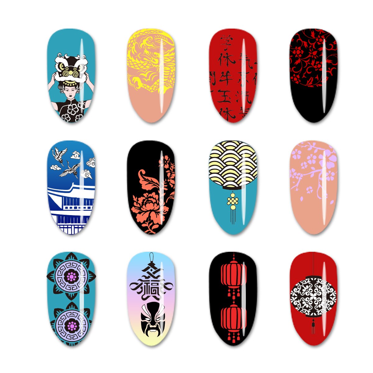 Placas de estampado para manicura caracter chino linterna elementos naturaleza mundo imagen plantilla para uñas Plantilla de sellos para decoración herramientas de uñas
