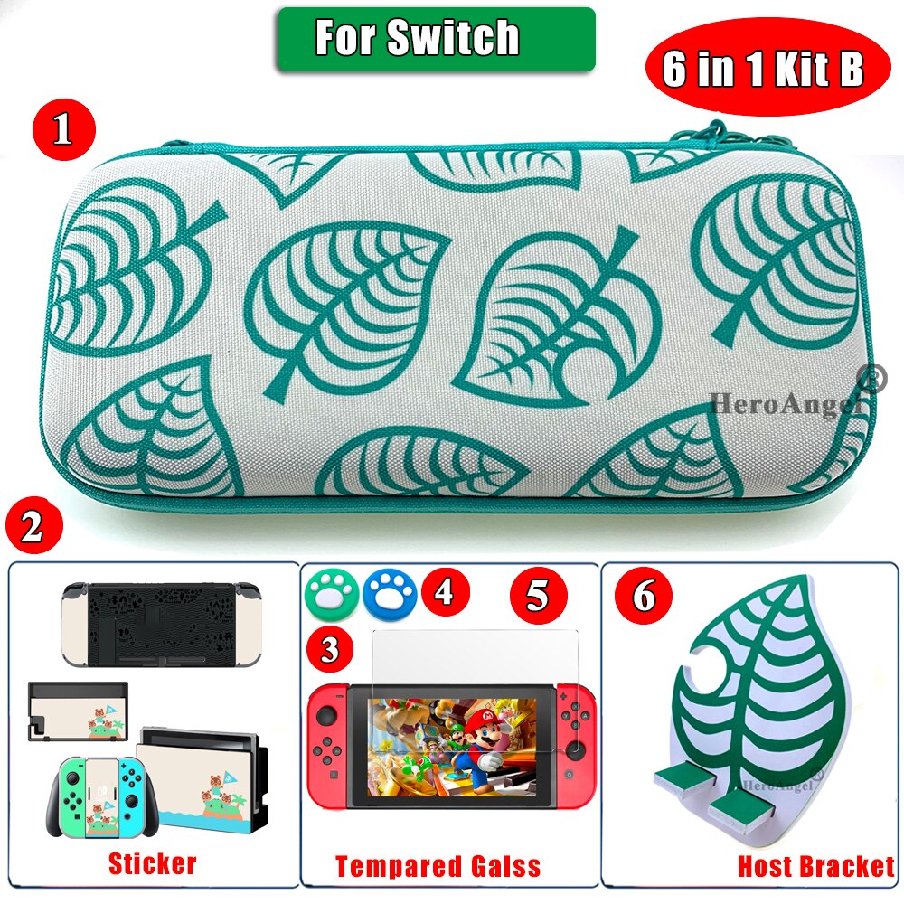 Animal Crossing NintendoSwitch Hard Cary Case for Nintendos Switch NS Lite Console Storage Bag & Skin Sticker & Joy-con Cap: For Switch 6IN1 B