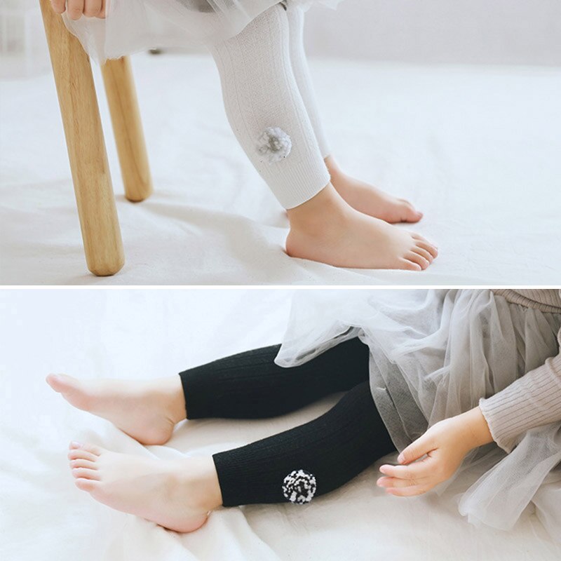 Collants do bebê da cor sólida para a menina do bebê bonito pompom infantil da criança meia-calça outono de malha do bebê