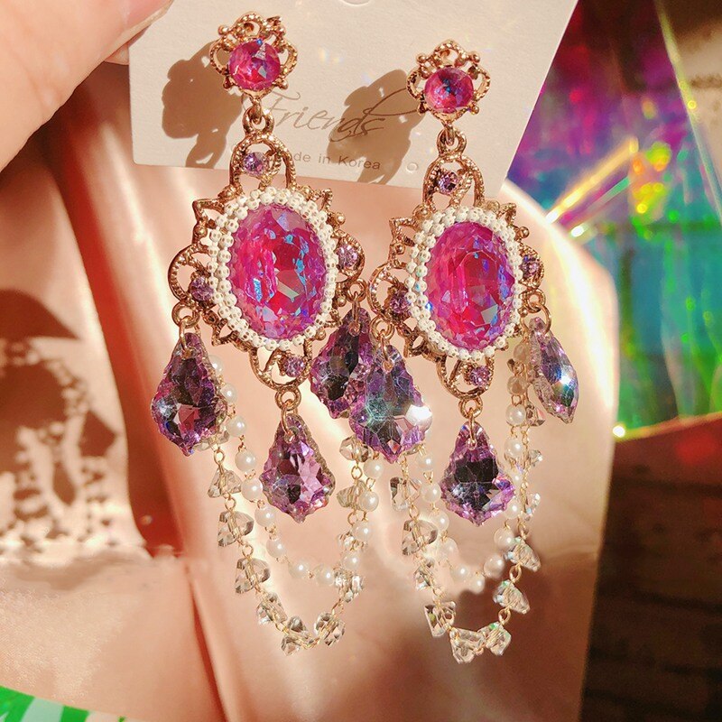 Vintage Korea Exaggerated Crystal Earrings for Women Shiny Pendientes Mujer Moda Dangle Statement Earrings