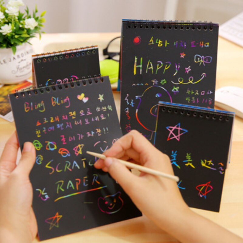 Scratch Paper DIY Painting Art Doodle Pad Children Educational Toys Drawing for Children Fun Kids Colorful Black with Wood Stick