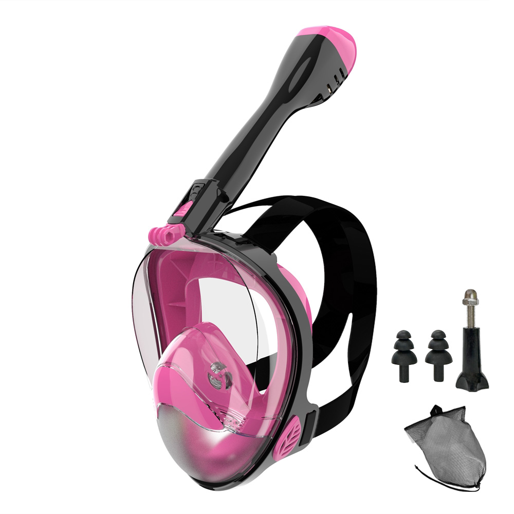 Helmask med snorkel, dykmask för vuxna och ungdomar, läckagefri, imfri, 180 ° panoramavy med kamerafäste, säker andning: Rosa / L / xl
