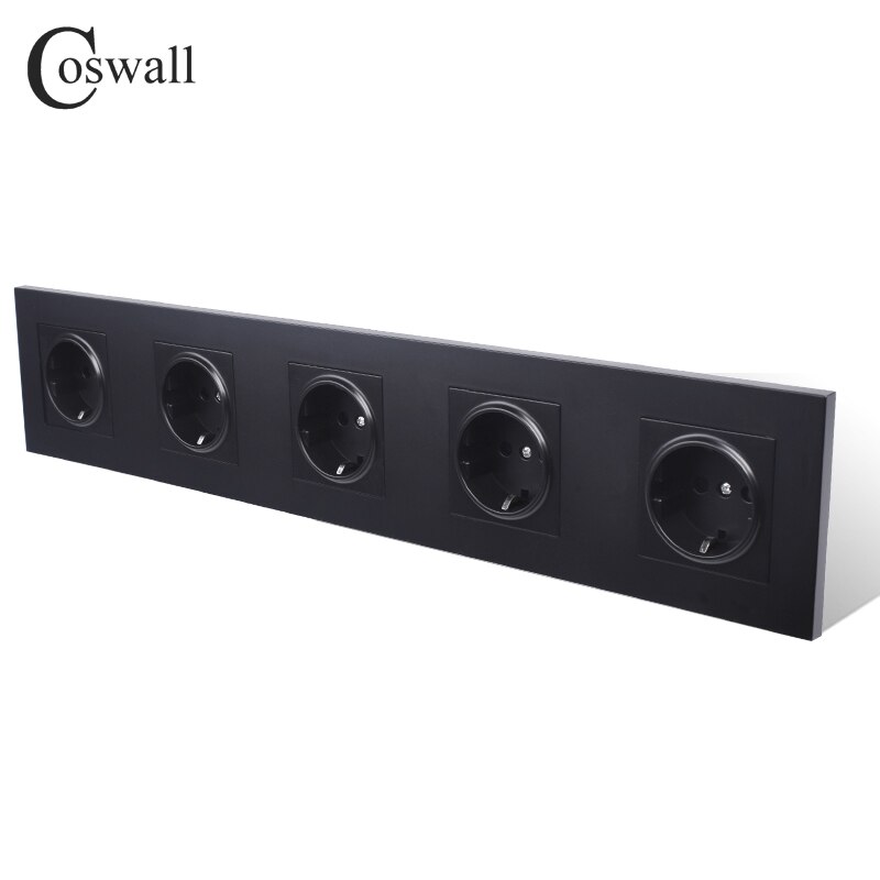 COSWALL 5 Gang Wall Power Socket Grounded 16A EU Standard Quintuple Outlet With Children Protective Door PC panel: Black