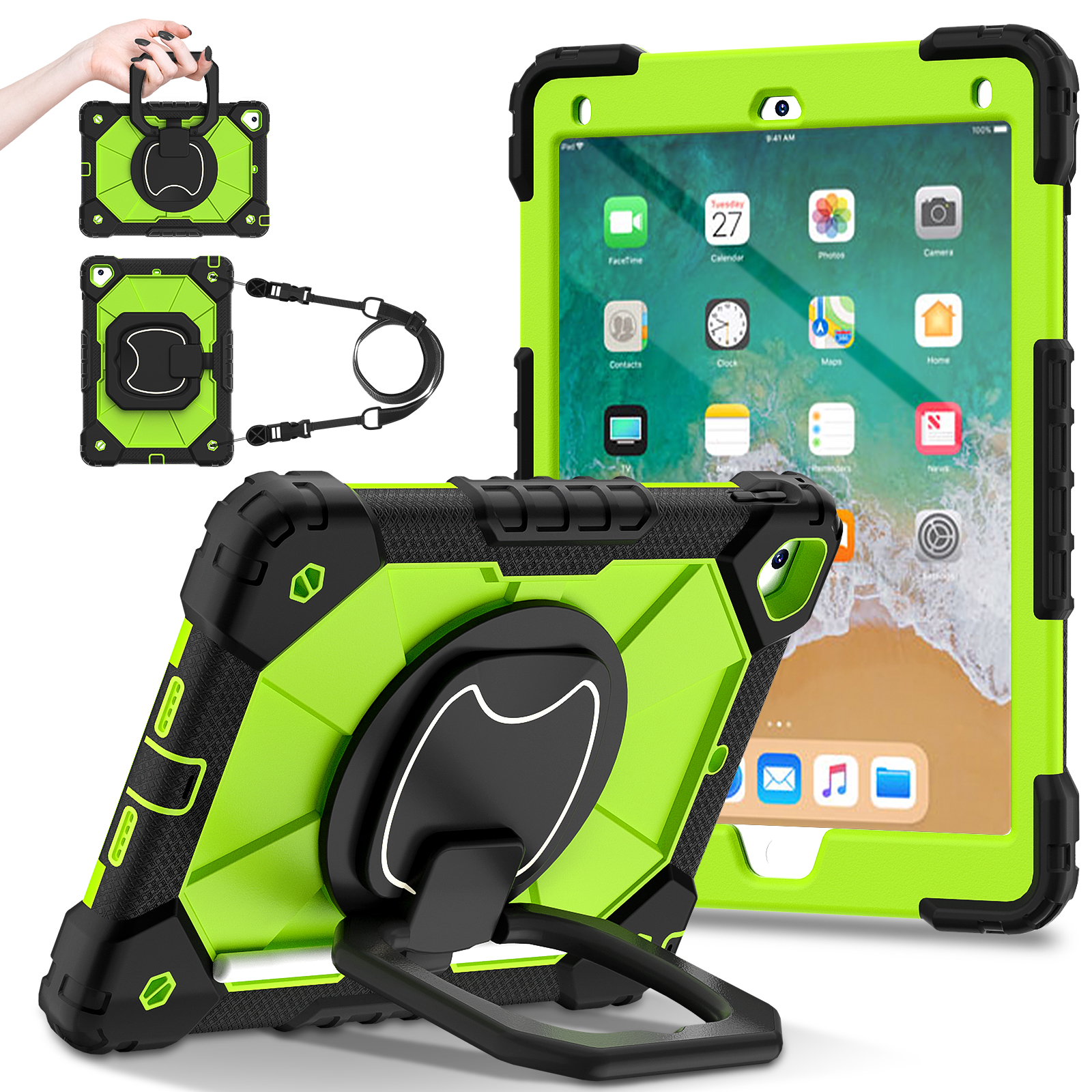 Roterande kraftigt fodral för ipad 5 6 7 air 1 2 pro 9.7 5th 6th gen stativskydd med handtag och axelrem: Elva / Svart