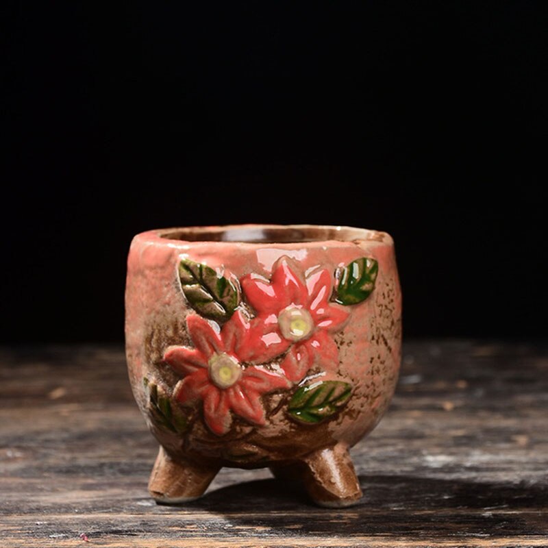 Ceramic Flowerpot Coarse Poterry Floral Pattern Fleshy Plant Pot Breathable Vase Office Desktop Ornaments Garden Decor: 4.5x5.5cm