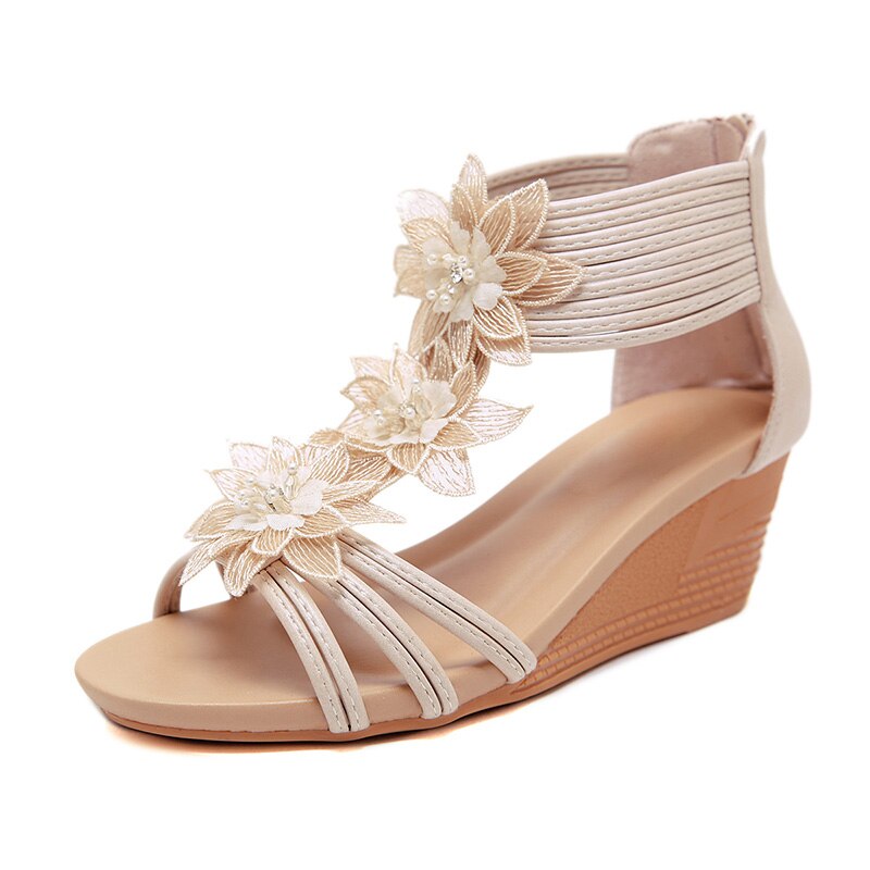 Summer Flowers Shoes Women Wedge Sandals Ladies Wedge Shoes Casual Woman Summer Shoes A1456: apricot / 9