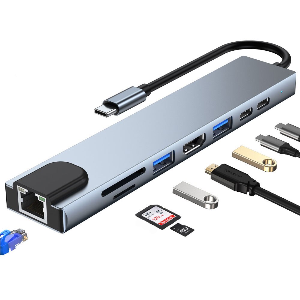 Thunderbolt tipo-c doca 8 em 1 hub usb para huawei macbook notebook pd hdmi rj4 usb3.0 usb2.0 tipo c hub com porta ethernet