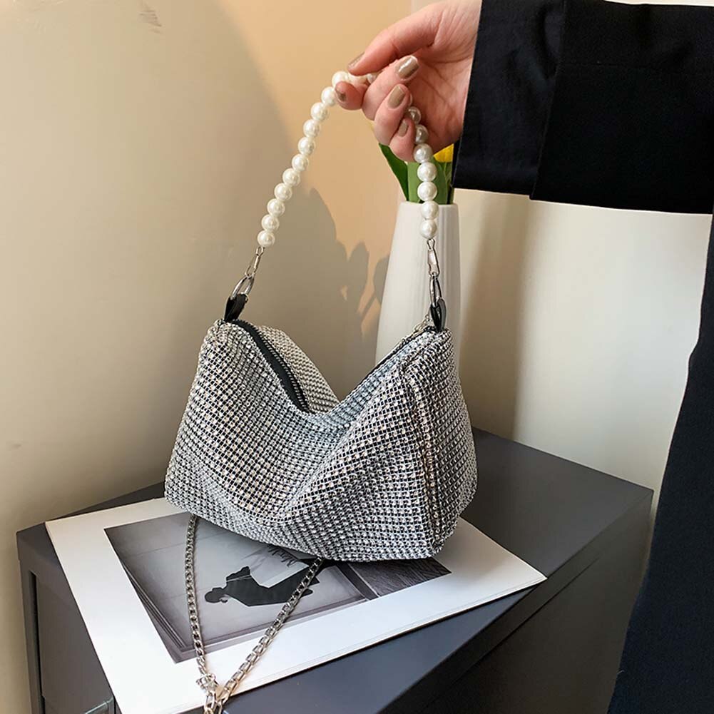 #39 messenger bag met strass steentjes, vierkante tas met ketting, handtas, schoudertas met strass steentjes: Zilver