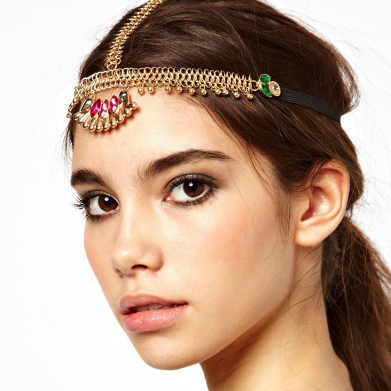 Mode Indian Voorhoofd Sieraden Goud Kleur Chain Crystal Elastische Brede Haarbanden Hoofdtooi Haar Accessoires