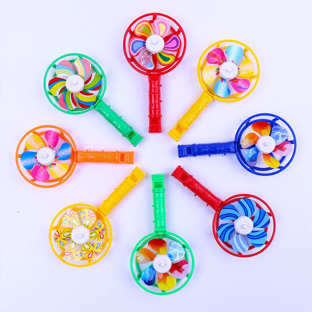 5Pcs Coloful Windmill Toy Whistle Musical Education Toys Music Instrument Plastic Whistling Handle Toys Pinwheel Wind Spinner