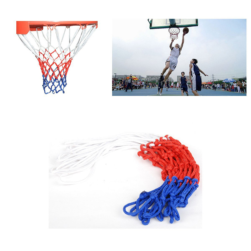 Rede de basquete universal de três cores, rede esportiva durável de padrão de 12 anéis rede de nylon vermelho/branco/azul
