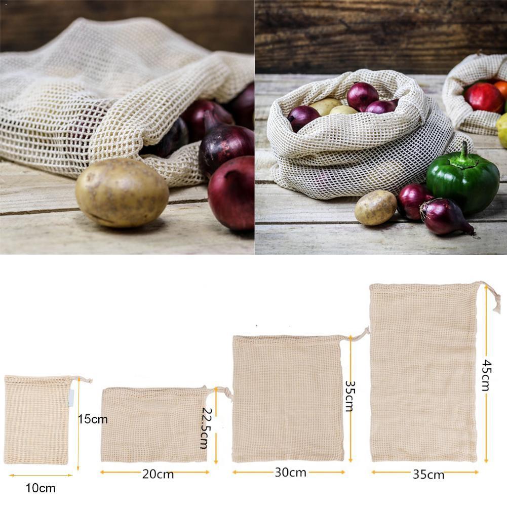 Reusable Cotton Mesh Vegetable Bags Produce Bag Kitchen Bag Drawstring With Fruit Vegetable Storage R1W6