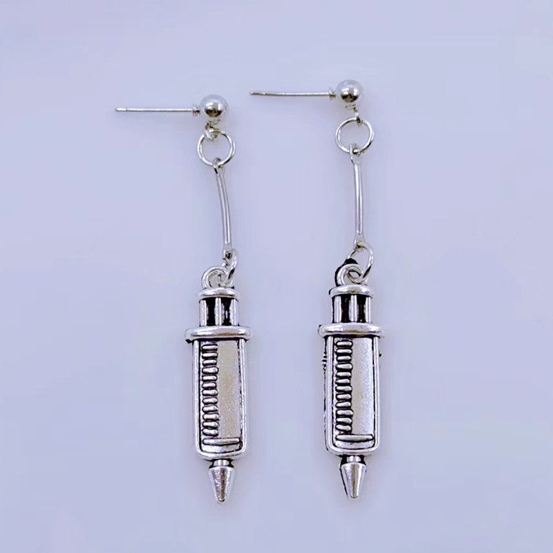 Charm enamel earrings syringe nurse cap stethoscope doctor nurse decoration earrings doctor nurse earring: Antique Gold Plated
